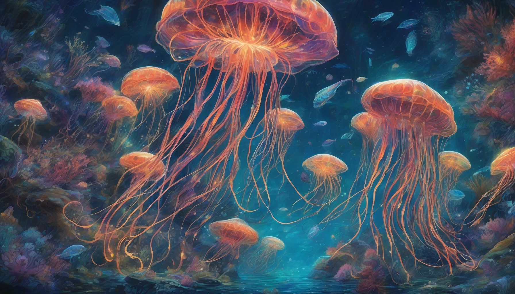 Dive into a mystical underwater world where vibrant, bioluminescent creatures illuminate the dark ocean depths. Alien flora sways gently in the currents, casting an ethereal glow that dances through the water. Celestial jellyfish drift gracefully, their luminous tendrils trailing like stardust, while surreal fish with shimmering scales weave through coral formations resembling cosmic structures. This otherworldly scene beckons exploration, inviting viewers to lose themselves in its surreal beauty.