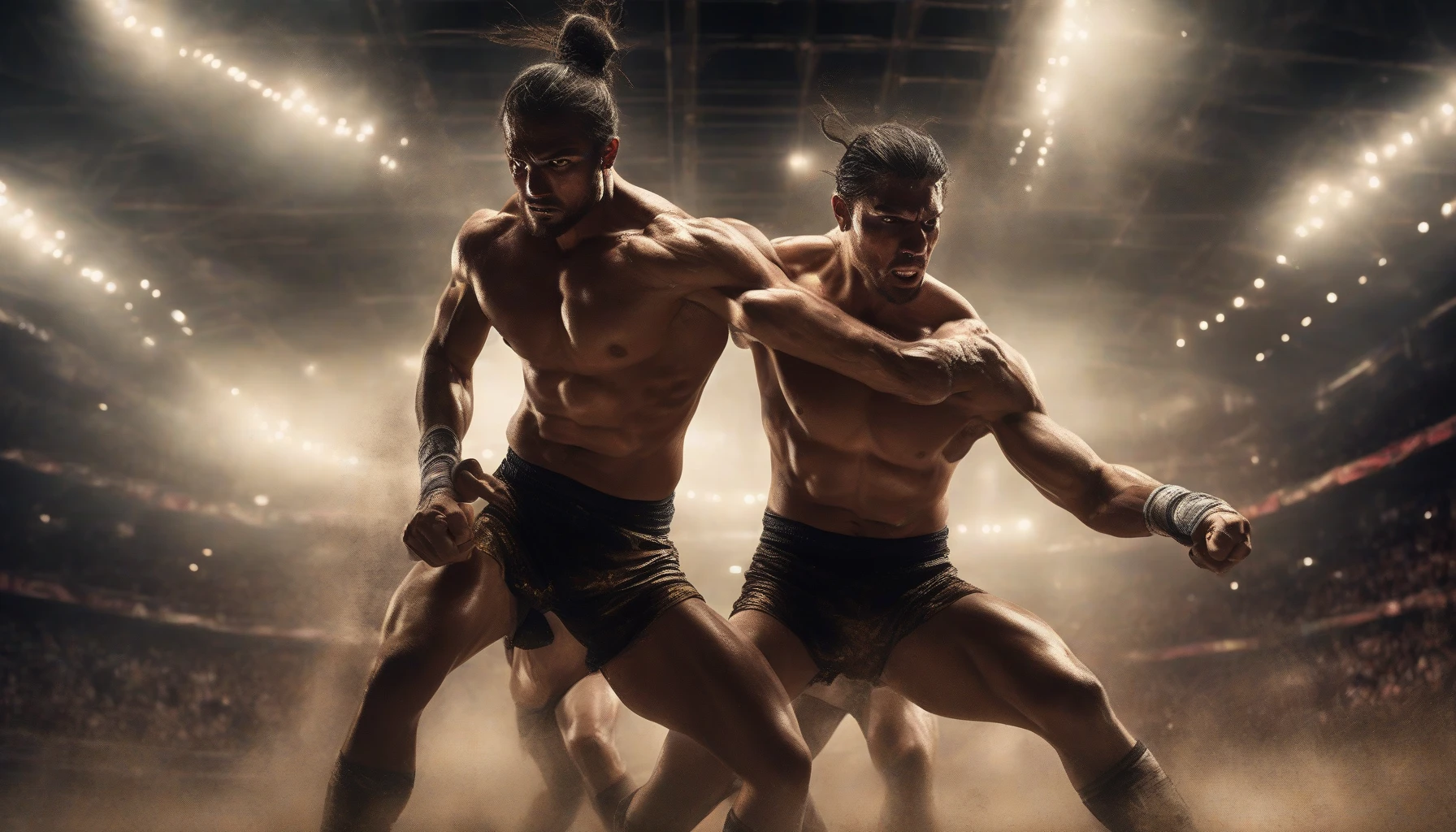 In a dimly lit arena, two fierce competitors face each other, their eyes ablaze with intensity and determination. The air crackles with tension as the spotlight catches the sweat glistening on their brows. Every muscle in their bodies is poised for action, shadows dancing around them. Behind them, the crowd pulses with energy, eager for the clash, while the electric ambiance heightens the anticipation of a legendary showdown.