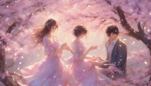 Imagine a whimsical scene filled with young love, where couples are surrounded by shimmering stars and playful sparkles. The characters, adorned in colorful, flowing outfits, display expressive emotions through bright, sparkling eyes. Delicate cherry blossoms float through the air, enhancing the romantic atmosphere. Soft hues of pink and lavender blend seamlessly, creating a dreamy backdrop that captures the essence of youthful affection and enchantment.