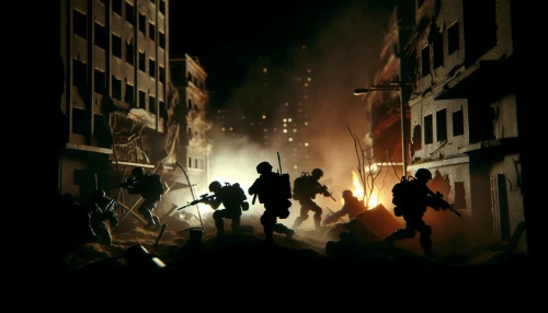 In a hauntingly powerful scene, brave soldiers advance through the remnants of a shattered city, their silhouettes stark against crumbling buildings draped in shadows. The air is thick with dust, remnants of conflict swirling around them, while flickering flames cast an eerie glow. Each figure, clad in battle-worn gear, reflects resilience and determination as they press forward, embodying the unyielding spirit amidst chaos and destruction.