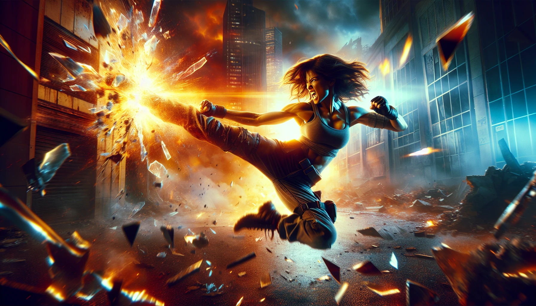 Imagine a fierce warrior in mid-action, executing a powerful kick that sends shockwaves through the air, muscles tensed and expressing raw energy. The setting features a dramatic urban backdrop, with shattered glass and debris flying around. Vibrant colors accentuate the intensity of the scene, while the warrior's determined expression captures the essence of battle. This image embodies the raw, explosive energy of hand-to-hand combat, frozen in time.