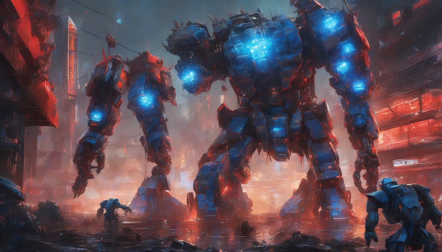 In a sprawling futuristic cityscape, two colossal mechs engage in a titanic battle, their metallic bodies glinting under the neon lights. One mech, adorned with crimson armor, unleashes a barrage of missiles, while the other, draped in sleek blue, counters with blinding energy blasts. As debris rains down, the ground trembles, and the skyline is illuminated by their fierce confrontation, creating a stunning visual of technology and power.