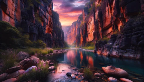 Picture a breathtaking canyon, its towering, rugged walls alive with the hues of sunset, reflecting the vibrant oranges and purples of dusk. A crystal-clear river weaves gracefully through the canyon floor, its waters shimmering like liquid glass. Lush greenery lines the banks, contrasting with the rocky backdrop, while delicate wildflowers peek through the crevices, creating a harmonious blend of nature's beauty and tranquility.