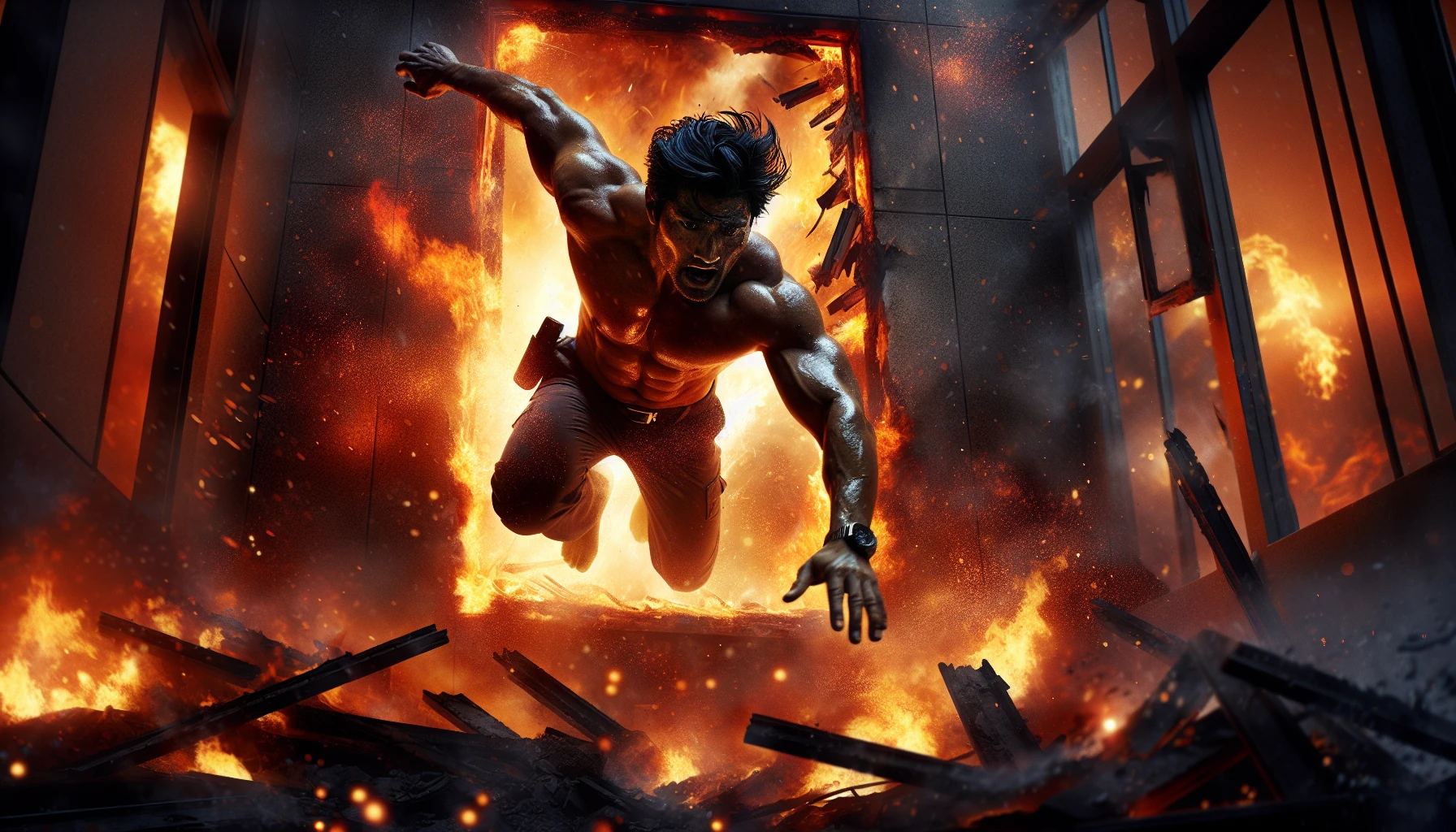 A brave figure emerges from the roaring flames, silhouetted against the fiery chaos of a crumbling building. Their expression is a blend of fear and determination, muscles tense as they leap into the unknown, surrounded by swirling embers and sparks. The scene captures the raw essence of escape and resilience, with the intense glow of fire painting the hero in vibrant hues of orange and red, illuminating their daring flight.