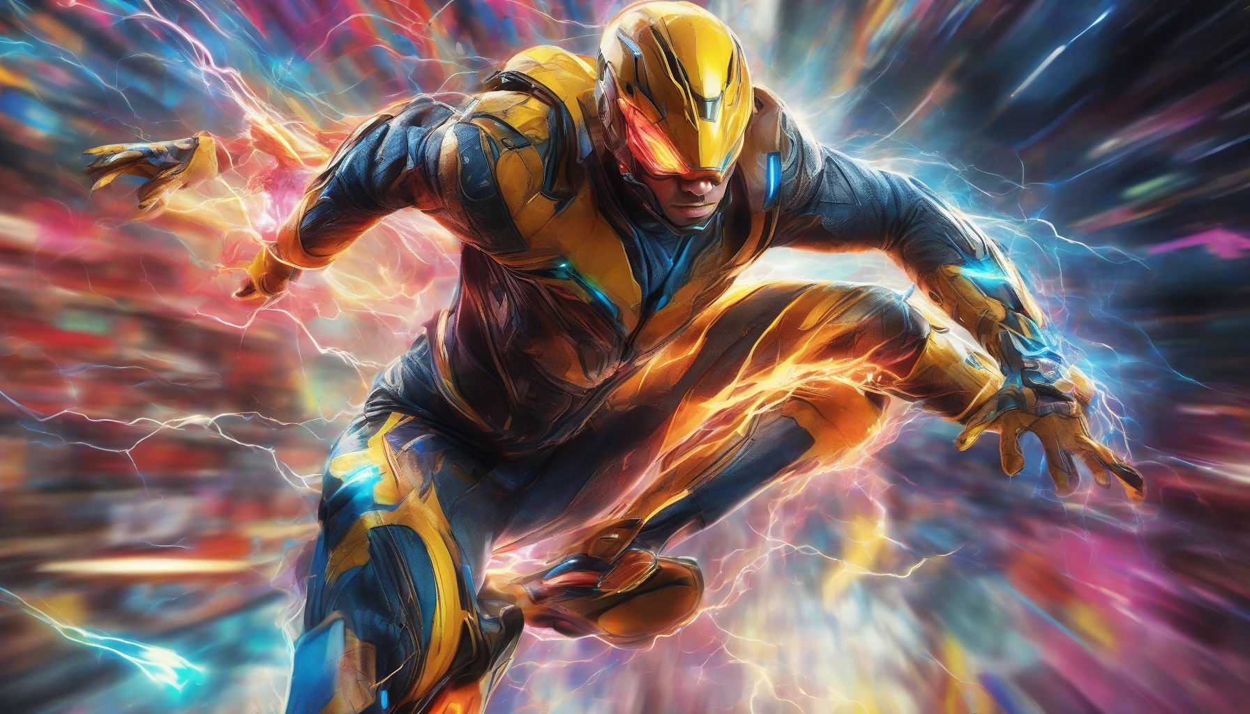 Capture an electrifying moment where a hero leaps into action, surrounded by vibrant speed lines that convey extreme movement. The character, clad in a futuristic suit, propels forward with intensity, their expression fierce and determined. Background elements blur in a whirlwind of colors, emphasizing the speed and urgency. Bright flashes of light punctuate the scene, creating a dramatic and immersive visual experience.