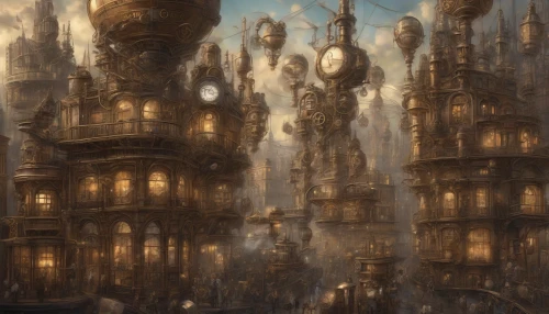 Immerse yourself in a rich steampunk universe where gears and cogs intertwine with ornate architecture. Picture a bustling cityscape adorned with brass pipes, glowing Edison bulbs, and airships soaring through the smoky skies. Mechanical beings with intricate designs roam the streets, showcasing an artistry that blends Victorian elegance with industrial innovation. This scene invites you to explore a fantastical world where imagination and technology collide.