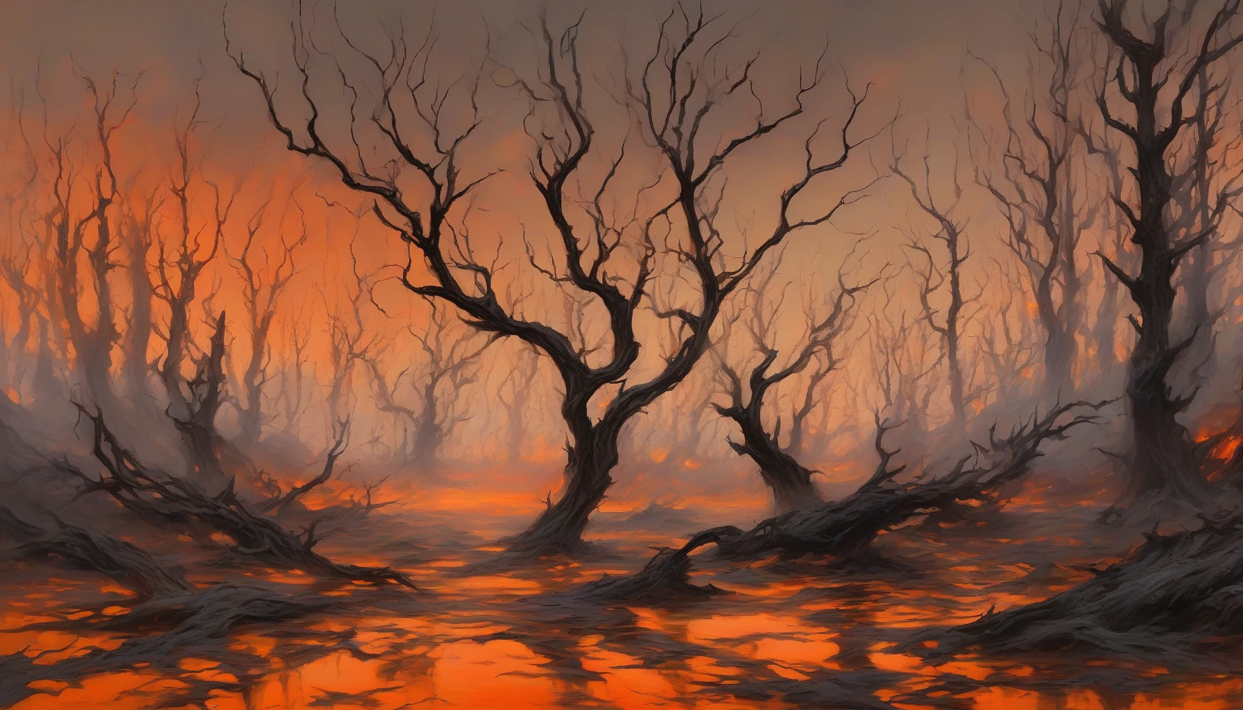 A hauntingly beautiful scene unfolds under a fiery orange sky, where charred trees rise like skeletal fingers against the horizon. Their twisted branches contrast starkly with the glowing embers of the forest floor, creating a surreal landscape. Wisps of smoke linger in the air, carrying the scent of ash and solitude, while wispy clouds above reflect the vibrant hues, encapsulating a moment of nature’s resilience amid devastation.