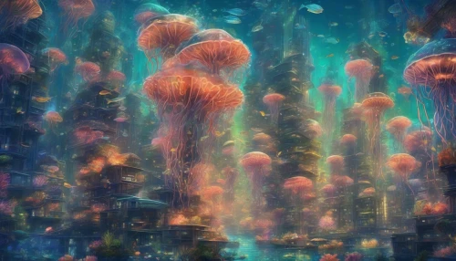 Imagine a breathtaking underwater metropolis, where shimmering bioluminescent flora and fauna illuminate the vibrant coral structures. Towering skyscrapers made of glass and coral intertwine with glowing seaweed, casting a magical glow. Schools of luminous fish weave through the streets, while ethereal jellyfish drift lazily above. The atmosphere is alive with the gentle hum of underwater life, creating a serene yet enchanting experience in this aquatic wonderland.