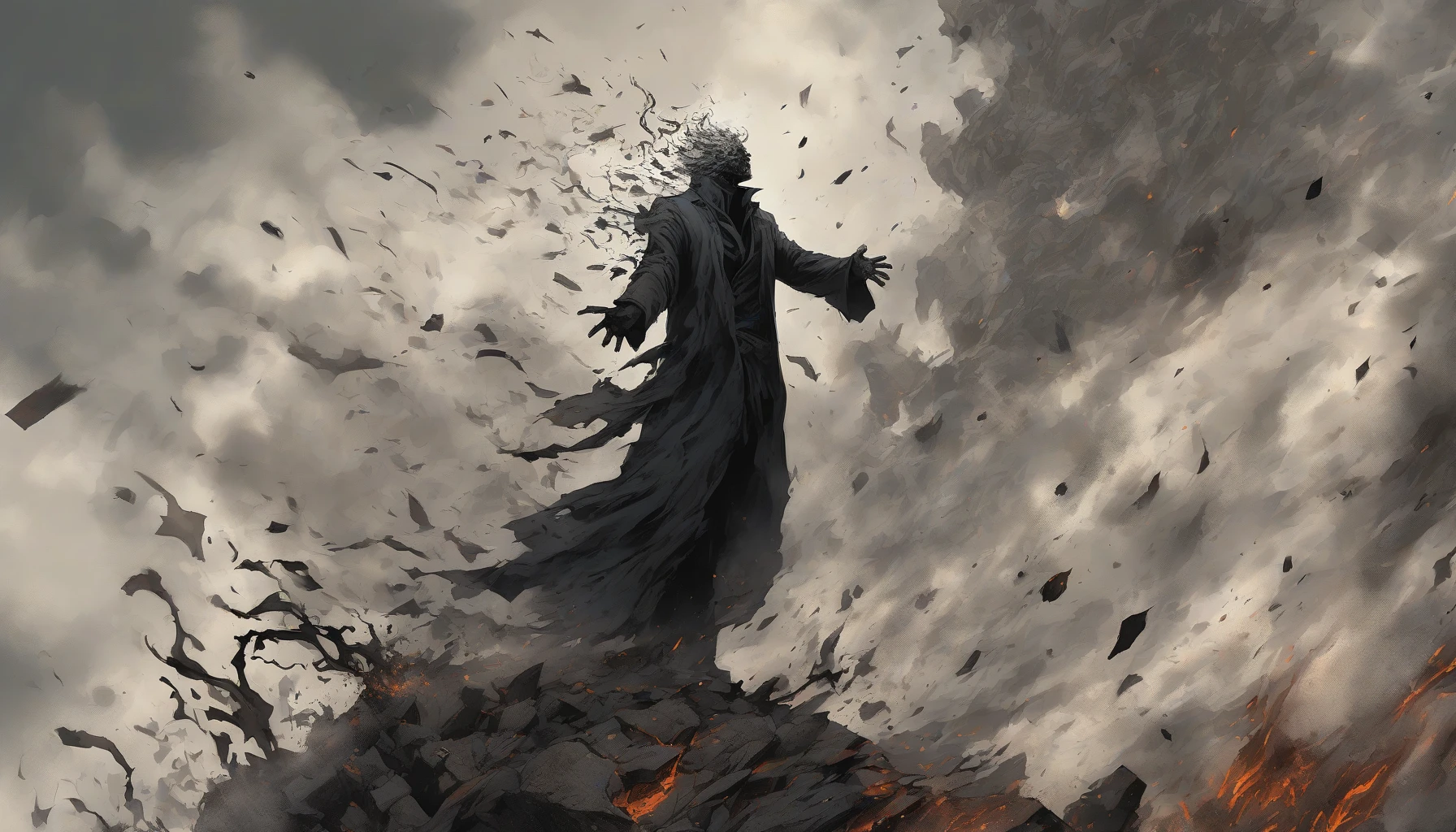 A menacing figure stands atop a jagged cliff, cloaked in dark tendrils of smoke that swirl ominously around him. With one outstretched hand, he unleashes a powerful shockwave, rippling the air and sending debris flying into the chaotic sky. The ground trembles beneath him, scattering leaves and stones as the blast radiates outward, distorting the landscape in a mesmerizing display of raw, destructive energy. Dark clouds gather ominously overhead, accentuating the villain's terrifying presence.