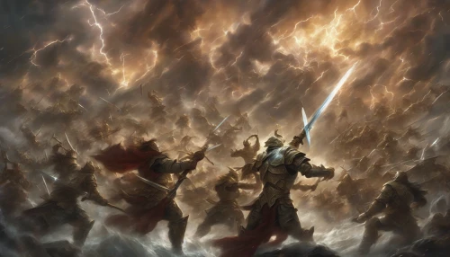 In a breathtaking landscape, two rival forces collide amid a swirling storm of energy and chaos. Towering warriors, clad in resplendent armor, wield gleaming swords, their fierce expressions reflecting the intensity of battle. Lightning crisscrosses the sky, illuminating the dramatic scene. Around them, mythical creatures and battle-worn soldiers rally, amplifying the fierce ambiance. The ground trembles underfoot as destiny hangs in the balance of this monumental confrontation.