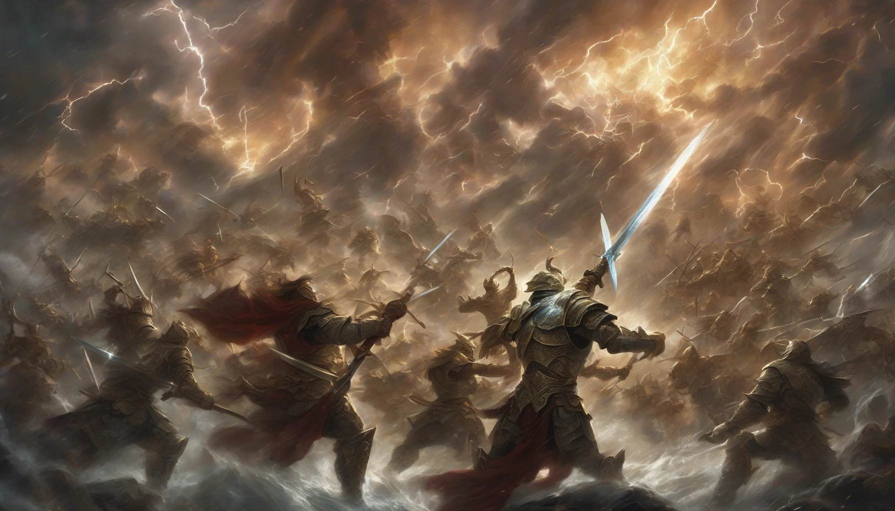 In a breathtaking landscape, two rival forces collide amid a swirling storm of energy and chaos. Towering warriors, clad in resplendent armor, wield gleaming swords, their fierce expressions reflecting the intensity of battle. Lightning crisscrosses the sky, illuminating the dramatic scene. Around them, mythical creatures and battle-worn soldiers rally, amplifying the fierce ambiance. The ground trembles underfoot as destiny hangs in the balance of this monumental confrontation.