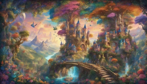 Step into a whimsical world where colors collide in a breathtaking tapestry of fantasy. Lush forests teem with luminescent flora, and majestic mountains rise under a swirling sky of iridescent hues. Intricate details abound: from the delicate wings of ethereal creatures to the ornate architecture of enchanted castles. Every corner invites exploration, igniting the imagination with a sense of wonder and magic that feels almost tangible.