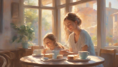 A serene scene unfolds in a cozy café, where soft pastel colors blend harmoniously to create a soothing atmosphere. A young woman, lost in thought, gently stirs her latte as sunlight spills through the window, casting delicate shadows. Nearby, a couple shares laughter over a slice of cake, while a child sketches at a nearby table, capturing the simple joys of life in vibrant hues.