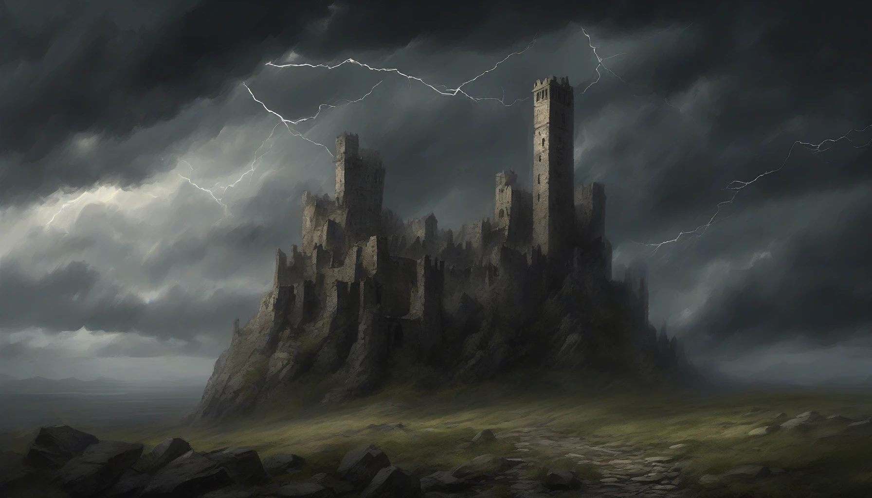 A foreboding crumbling castle looms against a tempestuous sky, jagged lightning illuminating its ancient stones. Dark, swirling clouds envelop the tower tops, casting eerie shadows across the landscape. Rain lashes against the crumbling walls, while the wind howls, creating a haunting symphony. Flickers of light reveal ghosts from the past wandering through shattered corridors, evoking a sense of mystery and forgotten legends.