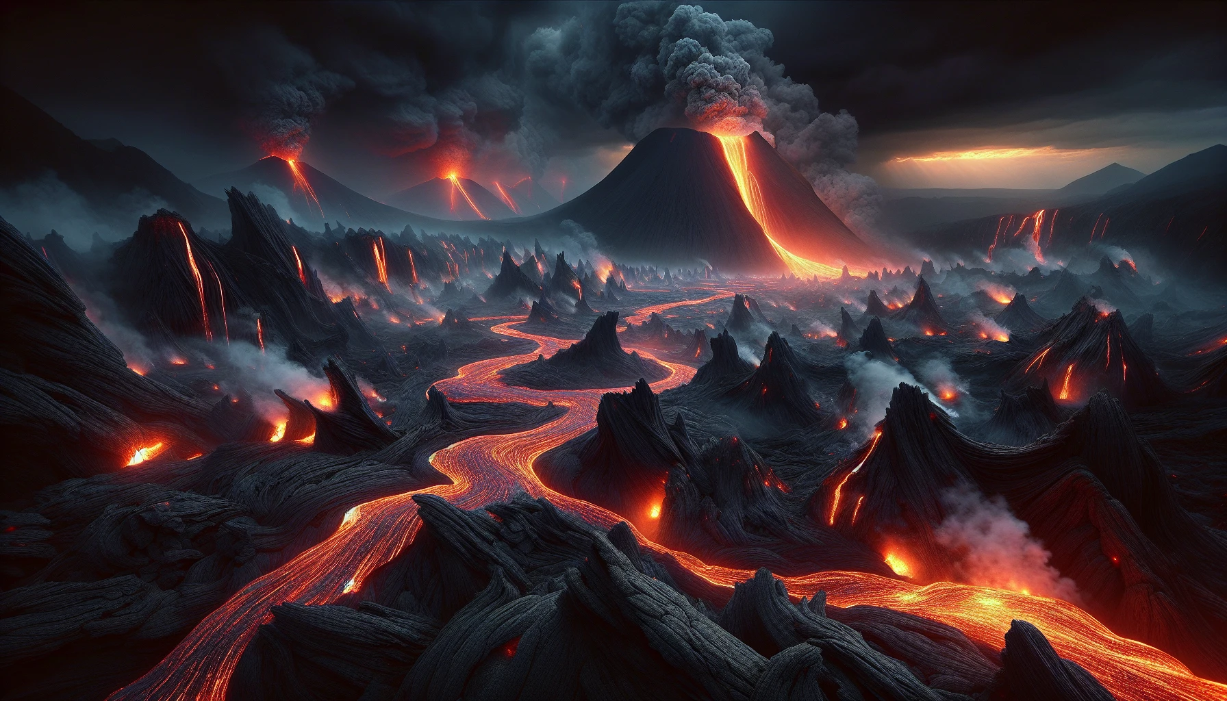 Imagine a breathtaking scene where rivers of molten lava carve through a rugged volcanic terrain. Jagged, blackened rocks contrast sharply with the glowing, fiery orange of the lava, creating a mesmerizing dance of light and shadow. Thick plumes of smoke rise into the sky, tinged with hues of ash gray and charcoal. In the distance, a colossal volcano looms, its peak releasing a gentle cascade of embers into the twilight.