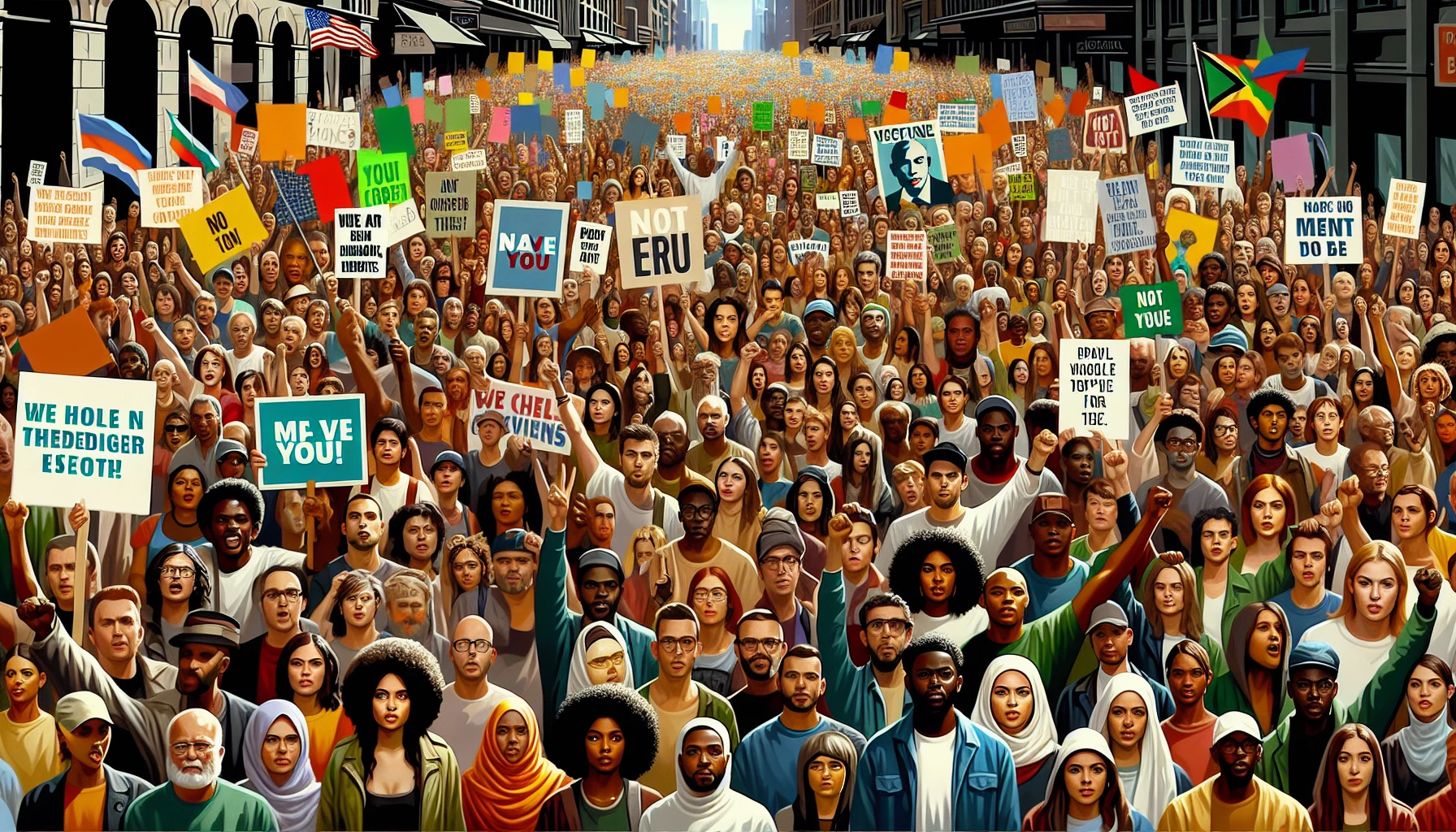 A powerful visual representation showcasing a diverse group of individuals united in a protest. The scene is filled with vibrant signs advocating for social justice, equality, and environmental awareness. Each face reflects determination and hope, while the background is a collage of urban life, symbolizing the struggle and resilience of communities. The colors are bold and engaging, evoking a sense of urgency and collective strength.