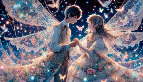 Imagine a whimsical scene where two young lovers share a tender moment under a starlit sky, surrounded by shimmering sparkles and soft pastel colors. Their outfits are adorned with delicate lace and flowing fabrics, capturing the essence of shoujo anime. Glowing fireflies dance around them, adding to the enchantment, while flower petals gently fall from the trees, creating a magical atmosphere filled with love and dreams.