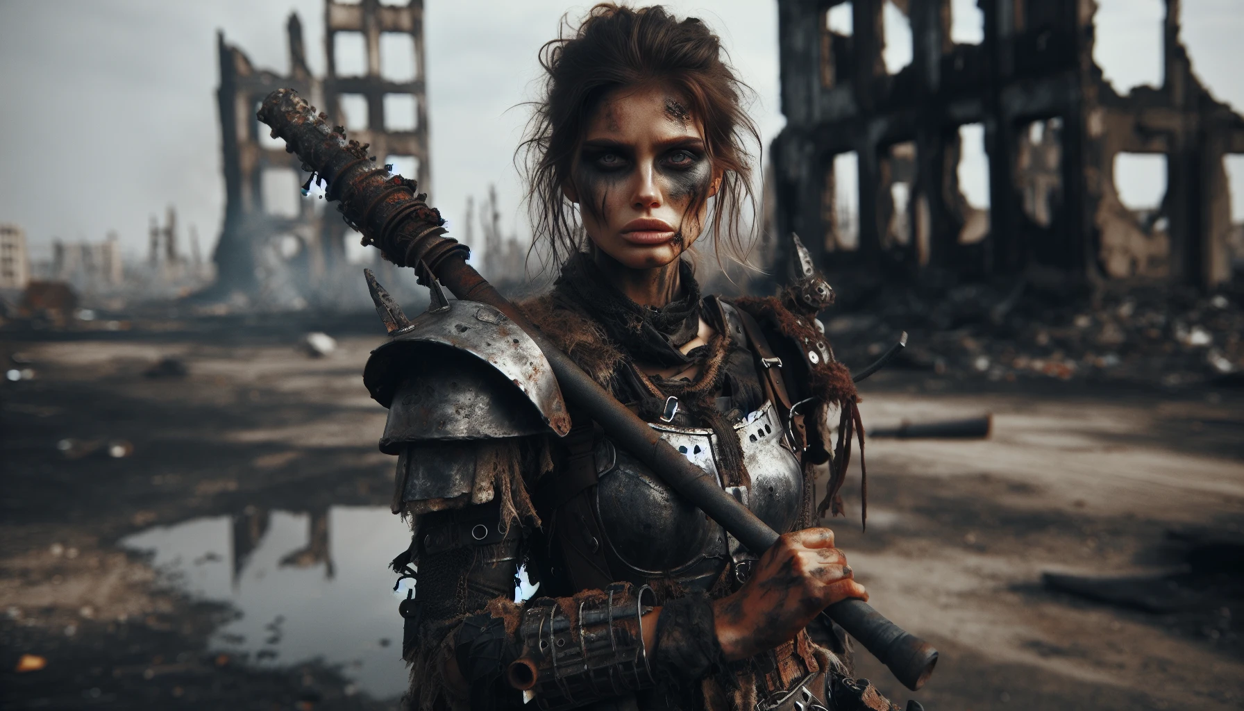 In a desolate post-apocalyptic landscape, a fierce warrior stands tall, clad in tattered armor that tells tales of survival. Their face, smeared with dirt and determination, reveals piercing eyes filled with grit. Armed with a makeshift weapon—a jagged metal pipe fused with bits of shattered glass—their stance radiates defiance against the chaos around them. Scorched earth and skeletal remains of a crumbling city serve as a haunting backdrop, reflecting the fight for survival.