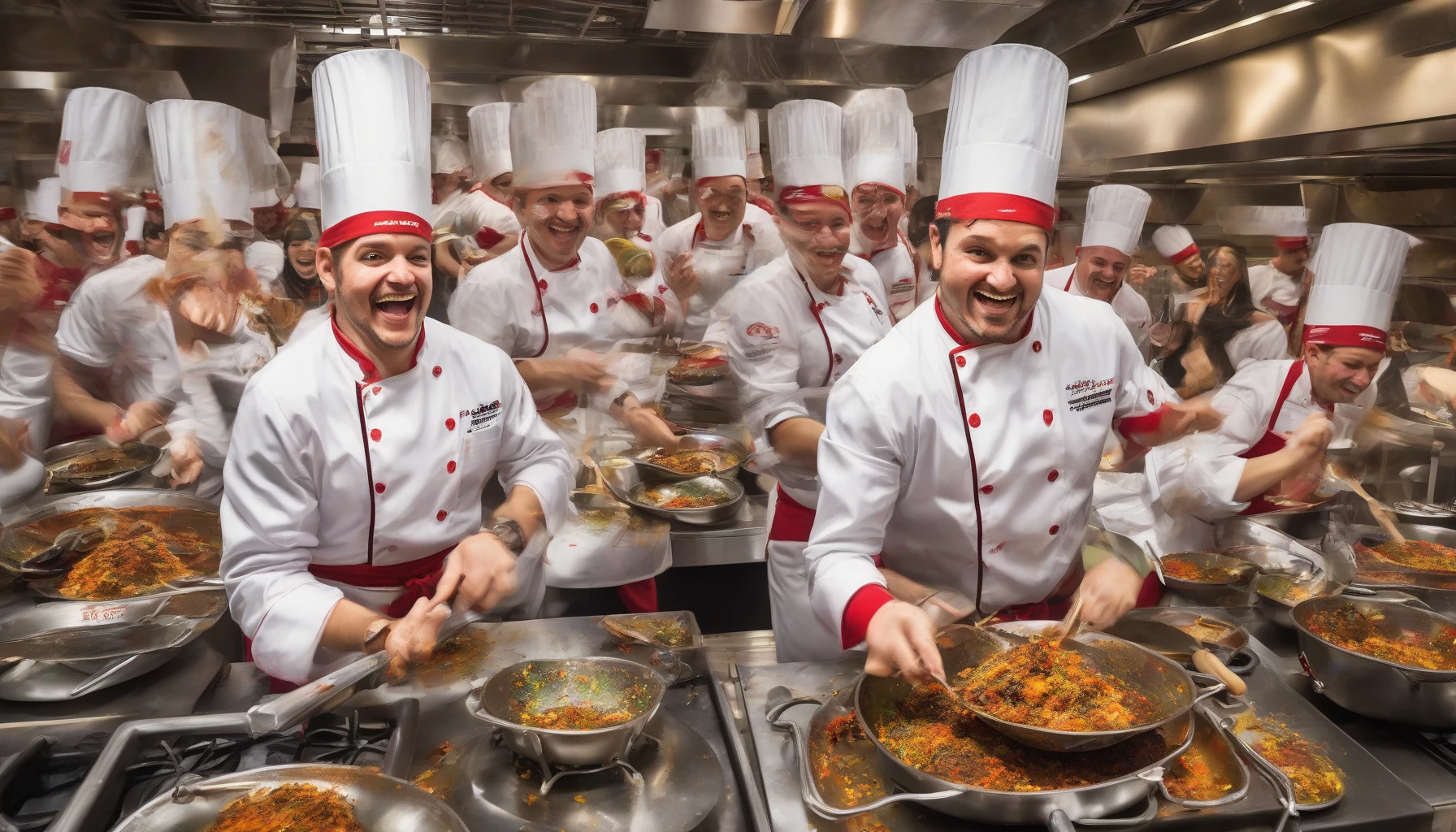 In a bustling kitchen, chefs clad in vibrant uniforms race against the clock, surrounded by sizzling pans and flying ingredients. The air is thick with the aroma of spices as they chop, sauté, and plate their culinary masterpieces under bright lights. Each competitor's face reflects determination and excitement, while a cheering crowd adds to the electric atmosphere, making this food competition an unforgettable spectacle of flavor and creativity.