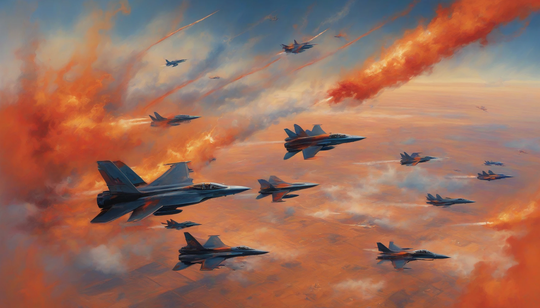 The image depicts a squadron of sleek, modern fighter jets soaring dramatically over a tumultuous landscape ablaze with fiery orange and crimson hues. Thick, swirling smoke rises from the ground, contrasting with the bright blue sky above. The jets, armed and poised for action, leave behind trails of vapor as they slice through the air, embodying a blend of power and destruction in this mesmerizing spectacle.