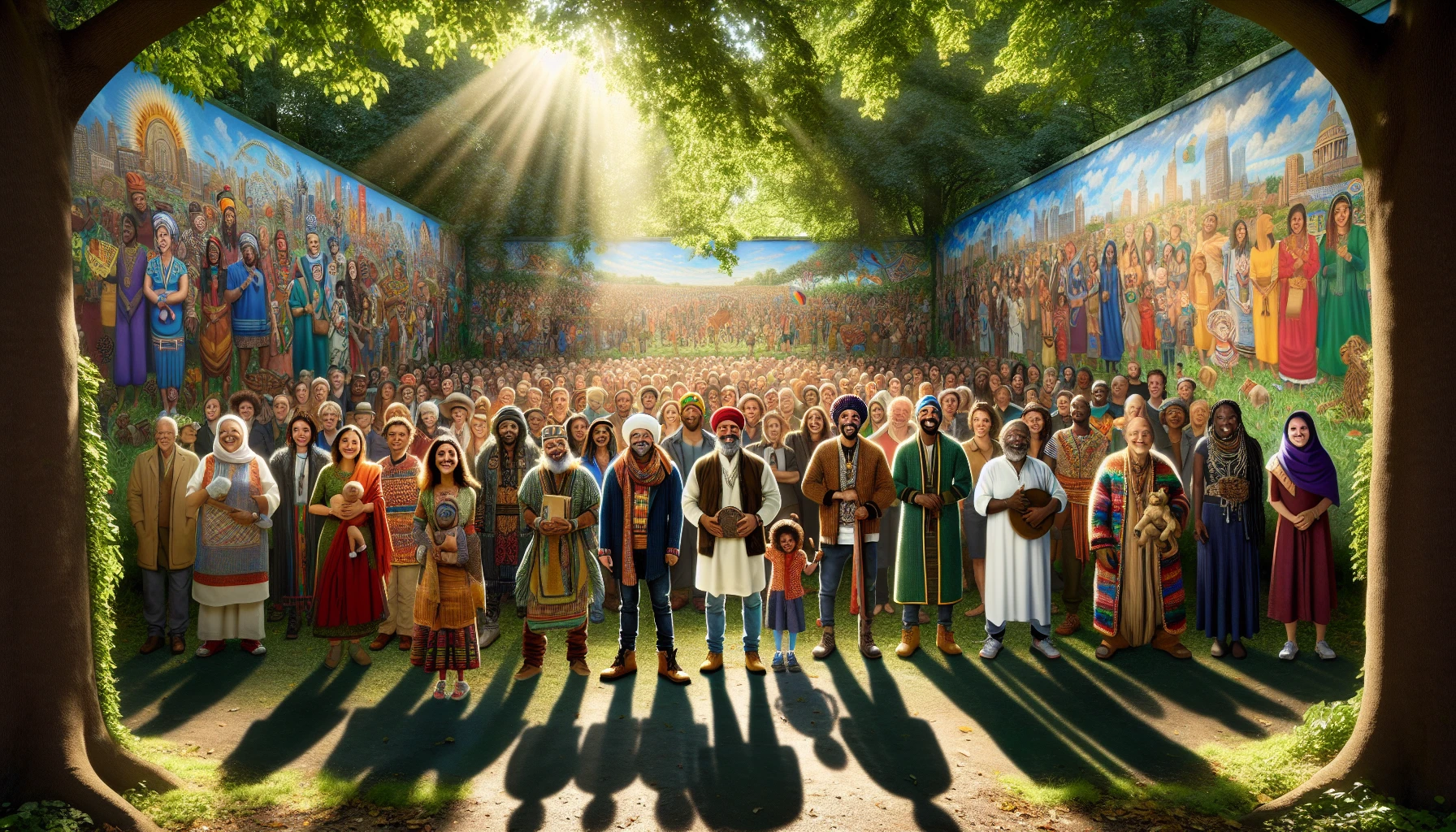 A vibrant gathering of people from various cultures, standing together in a lush park. Each person showcases unique attire reflecting their heritage, accompanied by traditional artifacts. Sunlight dapples through the leaves, casting playful shadows on their smiling faces. Behind them, a backdrop of colorful murals tells stories of unity and friendship, while laughter and warmth fill the air, capturing the essence of community and togetherness.