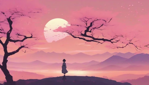 This image captures a serene minimalist anime scene, showcasing a tranquil landscape with flat colors and clean lines. A gentle breeze sways the cherry blossom trees, their pink petals drifting through the air. In the foreground, a solitary figure in a simple yet elegant outfit stands on a hill, gazing at the setting sun, which paints the sky in warm hues of orange and purple. The overall composition radiates calm and introspection.