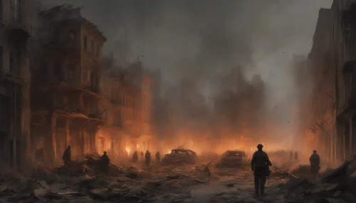 In a hauntingly beautiful scene, a once-vibrant city now lies in ruins, shrouded in smoke and ash. Heavy artillery fire echoes in the distance, illuminating the broken buildings with flashes of light. Shadows dance among the debris, while resilient figures navigate through the chaos, embodying hope amidst despair. The sky, a tumultuous blend of orange and gray, reflects the city’s struggle for survival, capturing the essence of tenacity in a shattered world.