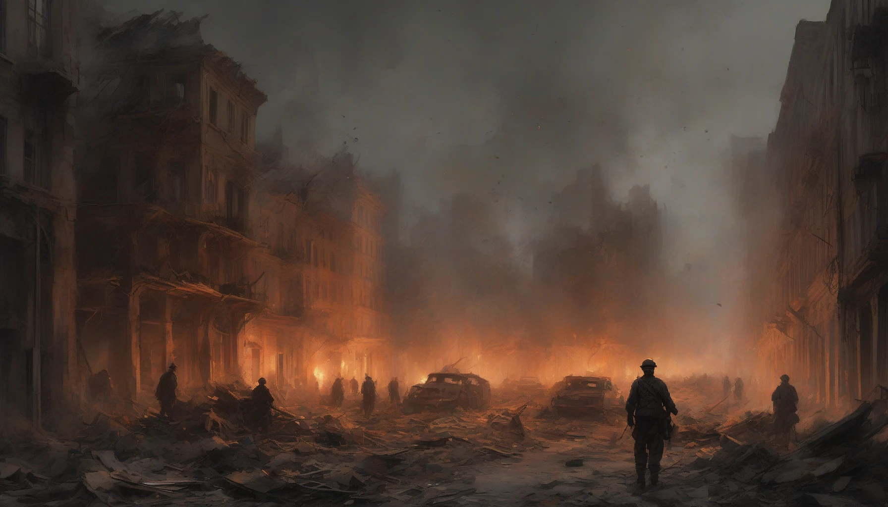 In a hauntingly beautiful scene, a once-vibrant city now lies in ruins, shrouded in smoke and ash. Heavy artillery fire echoes in the distance, illuminating the broken buildings with flashes of light. Shadows dance among the debris, while resilient figures navigate through the chaos, embodying hope amidst despair. The sky, a tumultuous blend of orange and gray, reflects the city’s struggle for survival, capturing the essence of tenacity in a shattered world.