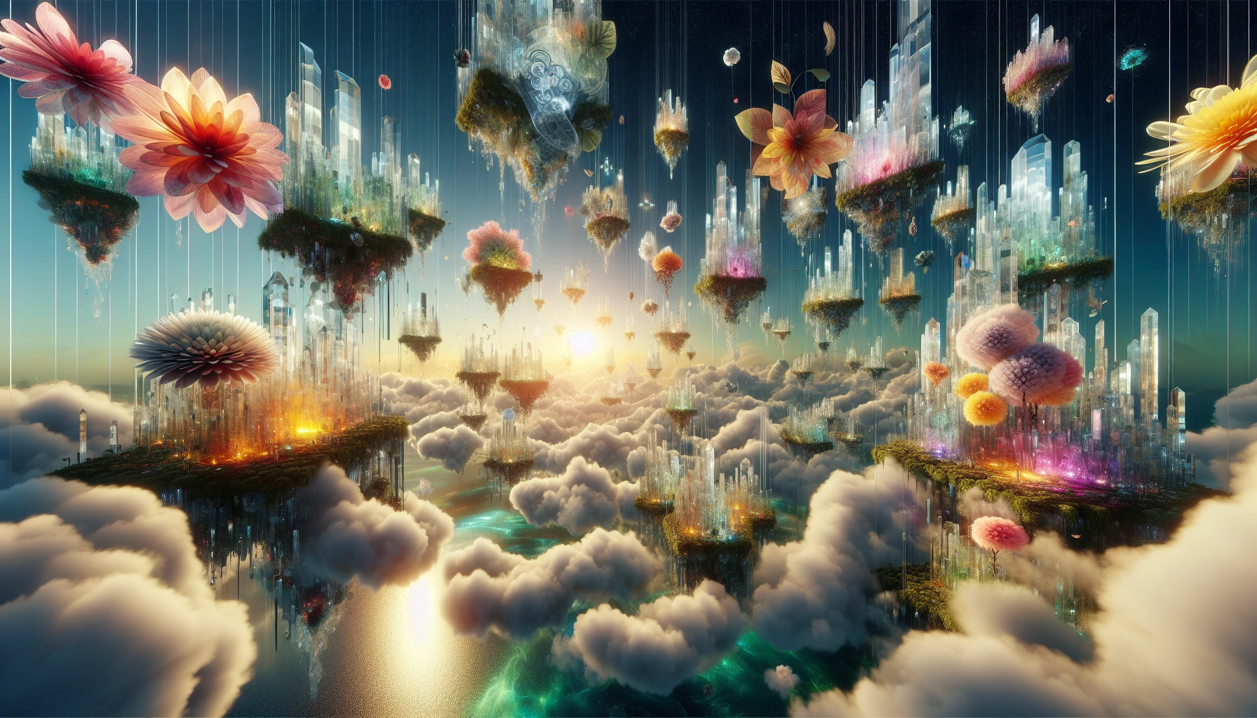 Envision a breathtaking scene of floating crystal gardens suspended in a luminous sky. Each garden is adorned with vibrant flowers and shimmering foliage, crafted from translucent crystals that reflect a spectrum of colors. Wispy clouds drift lazily by, while gentle rays of sunlight break through, casting mesmerizing patterns on the garden's surface. Below, a tranquil sea sparkles, creating a dreamlike atmosphere that invites wonder and peace.