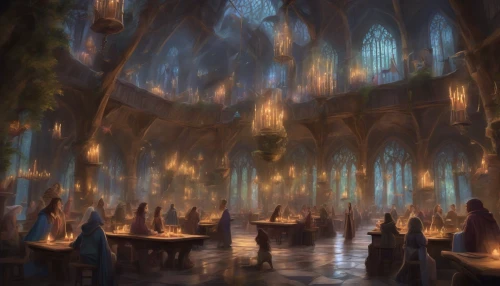 A stunning scene unfolds within the grand halls of an ancient wizarding academy, where vibrant banners flutter and enchanted candles float gently in the air. Young wizards, dressed in flowing robes, gather around intricate wooden tables, poring over spellbooks filled with glowing runes. Outside, a mystical forest looms, brimming with magical creatures, while a crystalline lake reflects the shimmering castle towers, hinting at adventures yet to come.