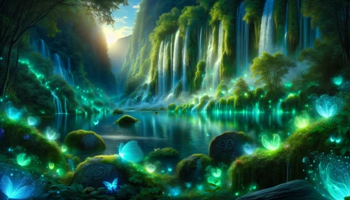 Envision a breathtaking scene where cascading waterfalls tumble down a vibrant, emerald cliffside, surrounded by lush, bioluminescent flora that glows softly in twilight hues. Ethereal mist rises from the crystal-clear pools, reflecting a kaleidoscope of colors from the setting sun. Delicate, iridescent butterflies dance in the air, while ancient stones, carved with intricate symbols, peek through the verdant foliage, whispering the secrets of an enchanted realm.