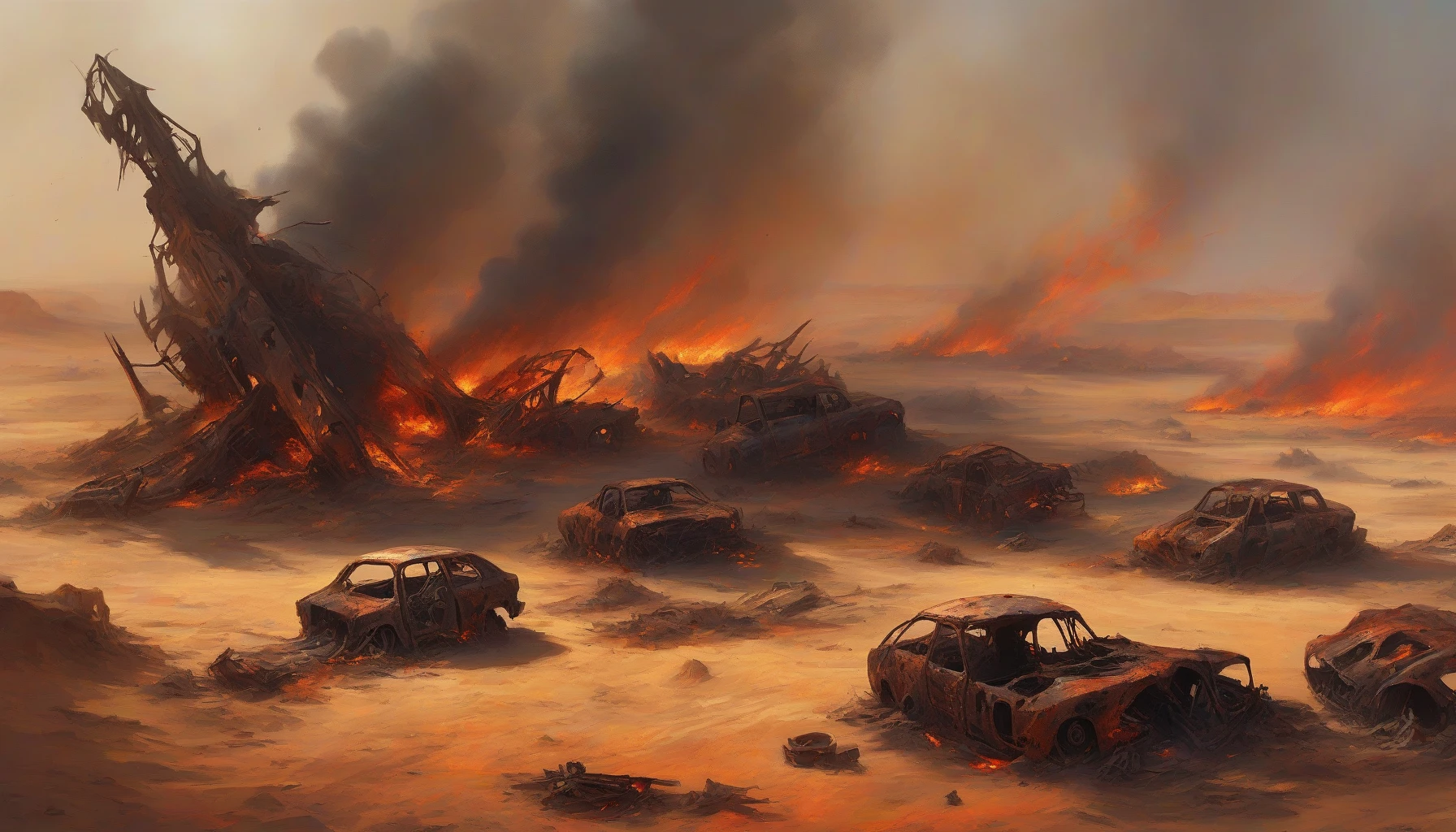 In a stark, war-torn desert landscape, the sun casts a blistering glare over a twisted tableau of burning wreckage. Charred remnants of vehicles dot the sandy terrain, their metallic shells glowing ominously in shades of orange and red as flames flicker hungrily. Jagged scrap metal juts from the earth like skeletal remains, while billowing smoke clouds blend with the heat waves, creating an oppressive atmosphere of devastation.