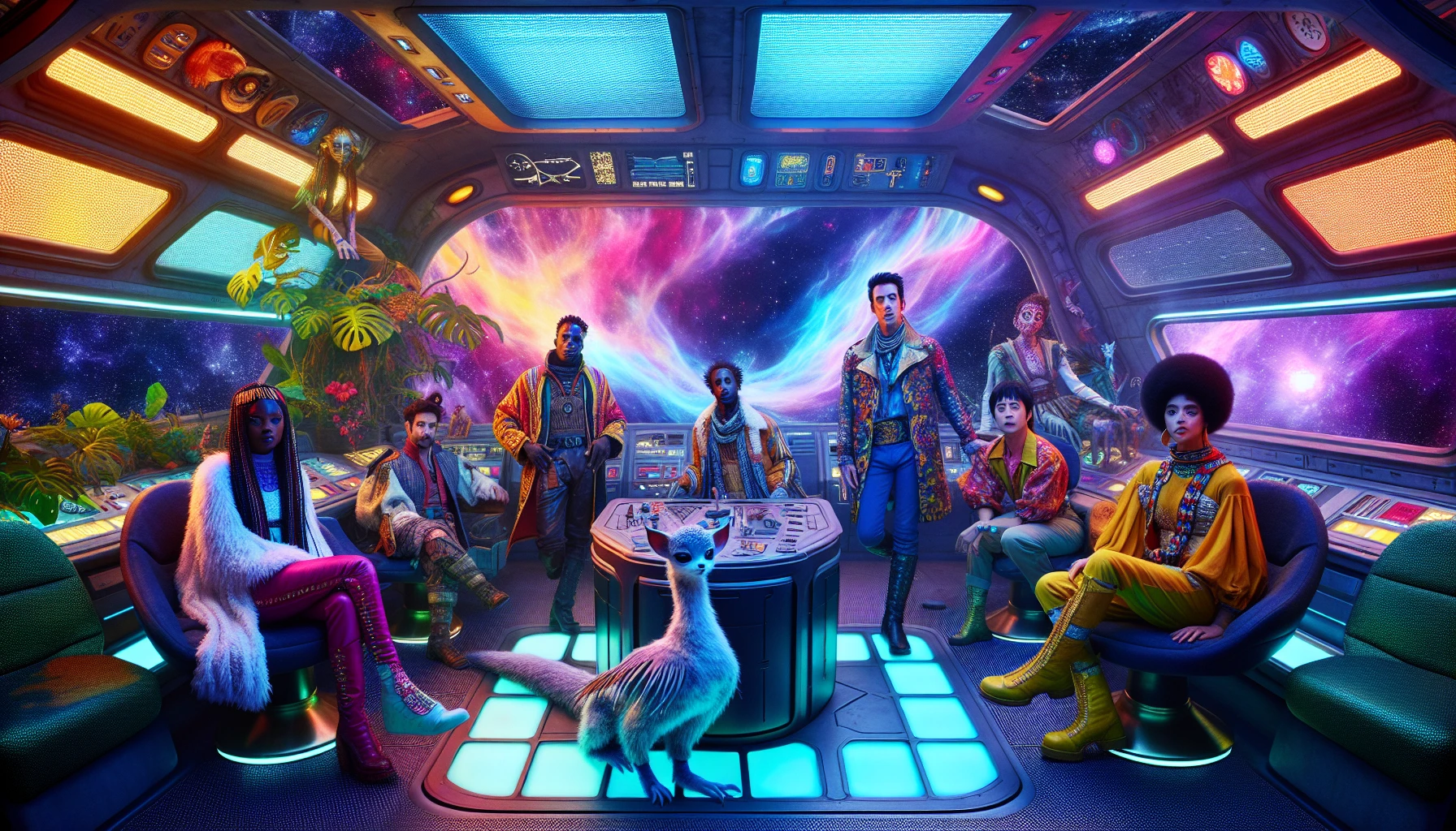 Imagine a vibrant scene aboard a spacecraft, where an eclectic crew clad in mismatched, colorful outfits showcases their unique personalities. The control room is filled with whimsical decor—glowing plants, quirky gadgets, and a pet alien lounging in a high-tech chair. Outside the panoramic window, a stunning nebula bursts with color, casting a magical glow on their faces as they prepare for an adventurous journey through the cosmos.