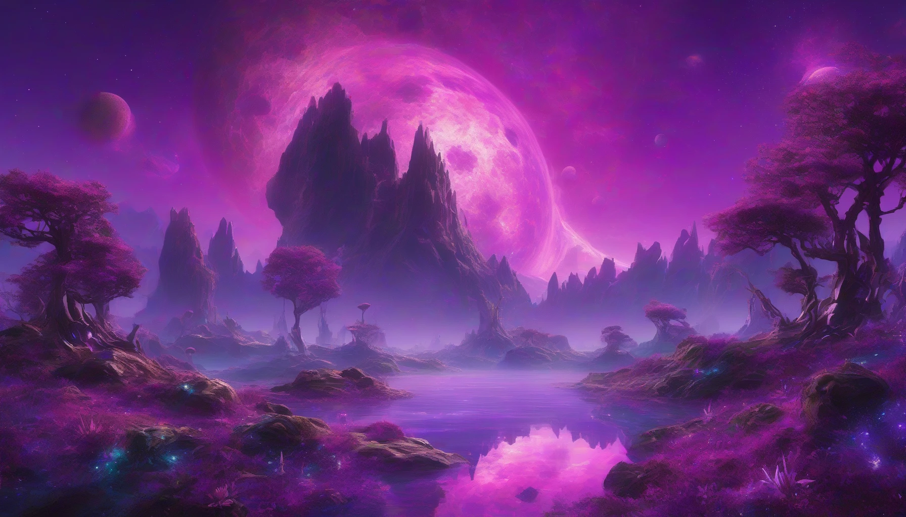 Envision a surreal planet named Alterra, bathed in vibrant purple skies that evoke a sense of otherworldliness. Three celestial moons hover majestically above, each distinct in hue and size, casting shimmering reflections on the iridescent surface of the landscape below. Lush alien flora, with luminescent petals swaying gently in an unseen breeze, surrounds a crystalline lake that mirrors the cosmic ballet overhead, inviting viewers to explore this enchanting realm.