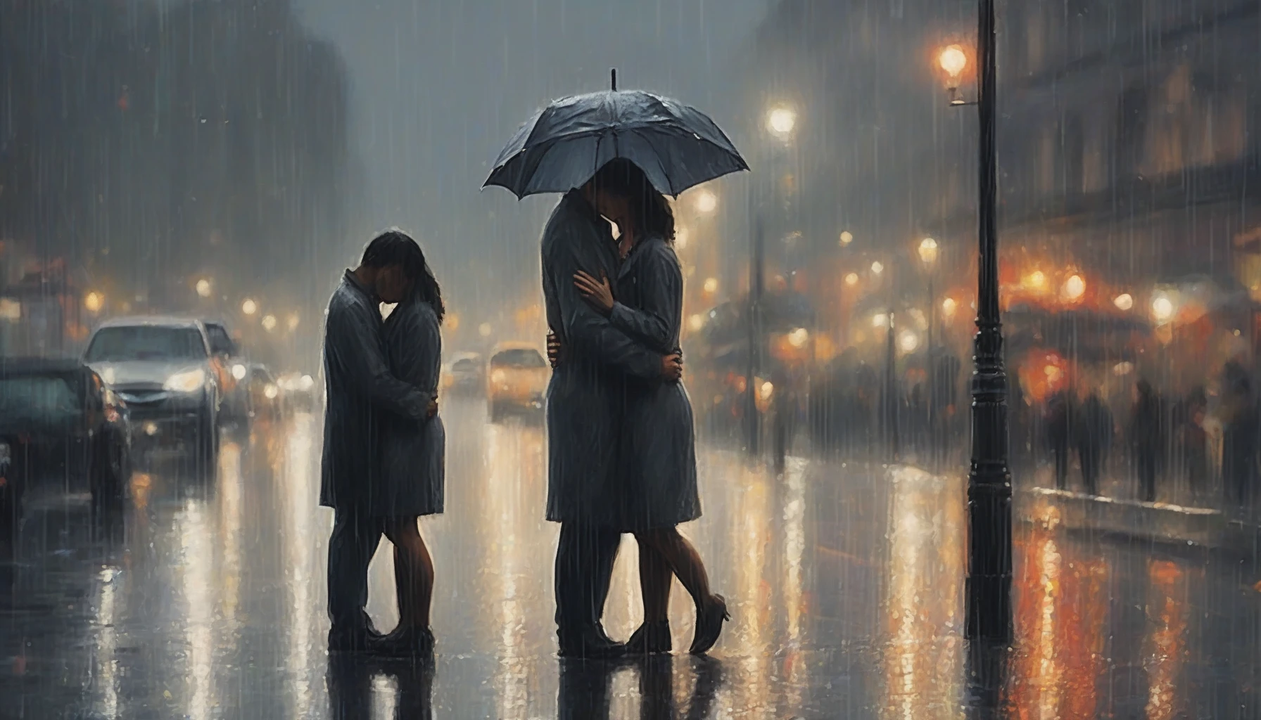 Capture a poignant scene where two figures embrace under a downpour, their tears mingling with the raindrops. The backdrop features blurred city lights reflecting off wet pavement, creating a dreamy atmosphere. Their expressions convey a mix of joy and sorrow, emphasizing the relief of reunion after a long separation. The gray sky contrasts with the warmth of their connection, highlighting the beauty of love amidst challenging circumstances.