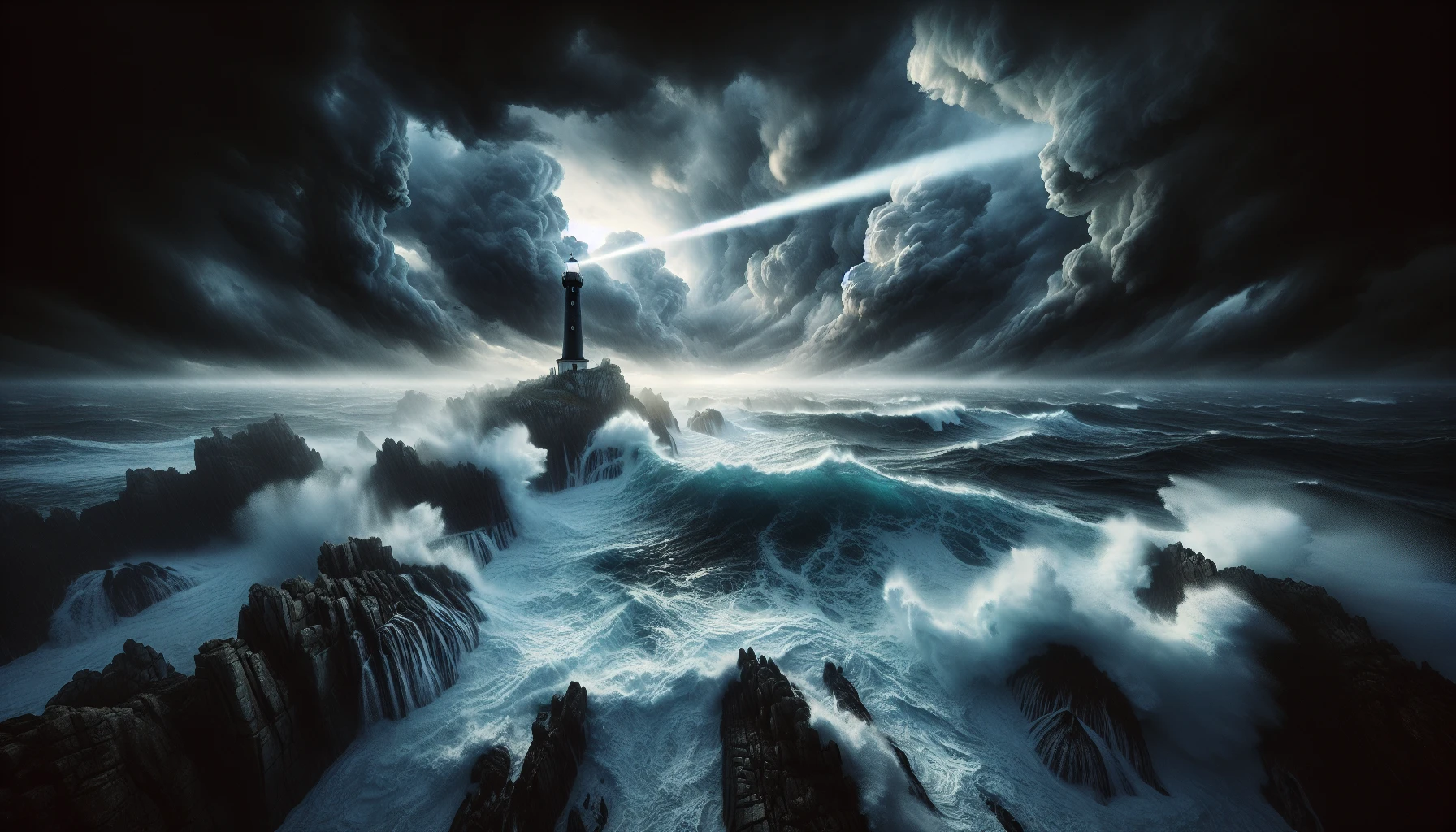 A tumultuous ocean roils under dark, swirling clouds, waves crashing dramatically against jagged rocks. In the distance, a solitary lighthouse stands resolute, its beam cutting through the tempestuous darkness, offering a beacon of hope. The scene captures the raw power of nature, with white foam spraying into the air, while the lighthouse symbolizes safety and guidance amid chaos.