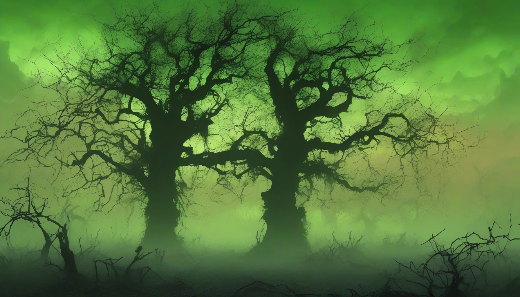 Picture a desolate landscape littered with rusting remnants of civilization, where the ground is cracked and the air shimmers with a haunting green fog. In the foreground, twisted trees stand as silhouettes against a toxic sky, their branches entwined with glowing vines. Eerie shadows dance as the fog swirls, illuminating patches of glowing radioactive material that pulse with an otherworldly energy, creating an unsettling yet mesmerizing atmosphere.