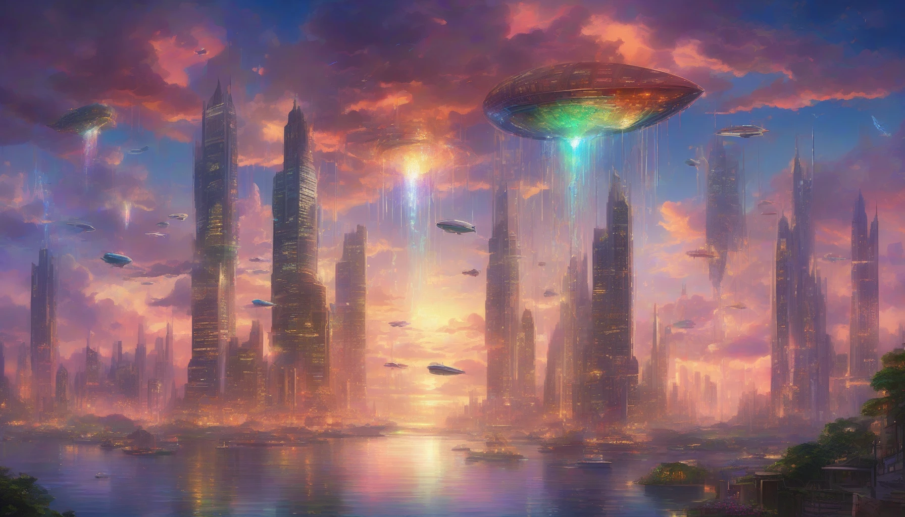 Imagine a breathtaking city suspended among the clouds, its sleek architecture glistening with iridescent hues. Below, the sea shimmers with bioluminescent waves that pulse like a heartbeat, casting an ethereal glow. Skyscrapers stretch upward, adorned with greenery and vibrant lights, while airships drift lazily through the sunset sky. The scene is alive with a sense of wonder, merging technology and nature into a harmonious utopia.