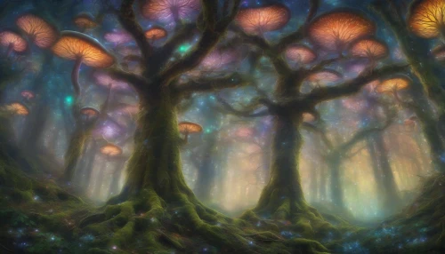 In a mystical forest, towering ancient trees stretch towards a star-speckled sky, their leaves shimmering with iridescent hues. Beneath them, an otherworldly carpet of glowing mushrooms pulses softly with ethereal light, casting a kaleidoscope of colors across the mossy ground. Wisps of fog dance between the trunks while delicate fireflies flit about, creating a magical ambiance that invites you to explore deeper into this enchanting realm.