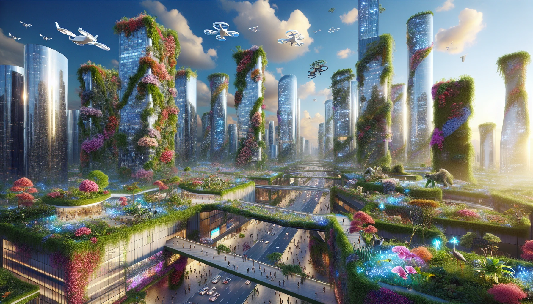 Envision a sprawling metropolis where nature reclaims its territory. Towering skyscrapers entwined with lush vines and vibrant flowers create a breathtaking contrast against sleek, reflective glass. Bioluminescent plants illuminate the streets as citizens navigate on floating pathways. In the sky, drones weave gracefully through clouds, while diverse fauna thrive amongst the urban landscape, showcasing a harmonious blend of technology and the wild, inviting exploration and wonder.