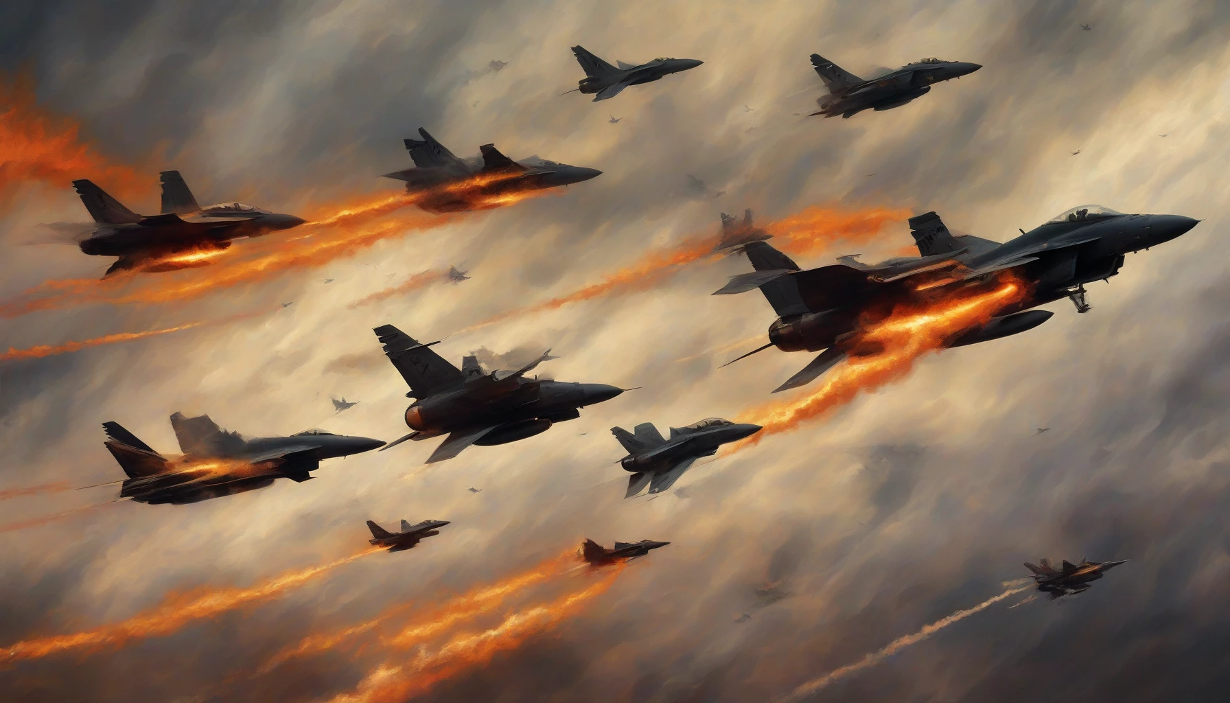 In this electrifying scene, a squadron of fighter jets roars across a tumultuous sky, their sleek bodies silhouetted against a backdrop of a fiery landscape. Flames lick the darkened earth, contrasting with billowing smoke that spirals upwards, creating a dramatic tableau of chaos and power. The jets streak through the air, leaving vapor trails, embodying speed and precision in this intense, cinematic atmosphere.