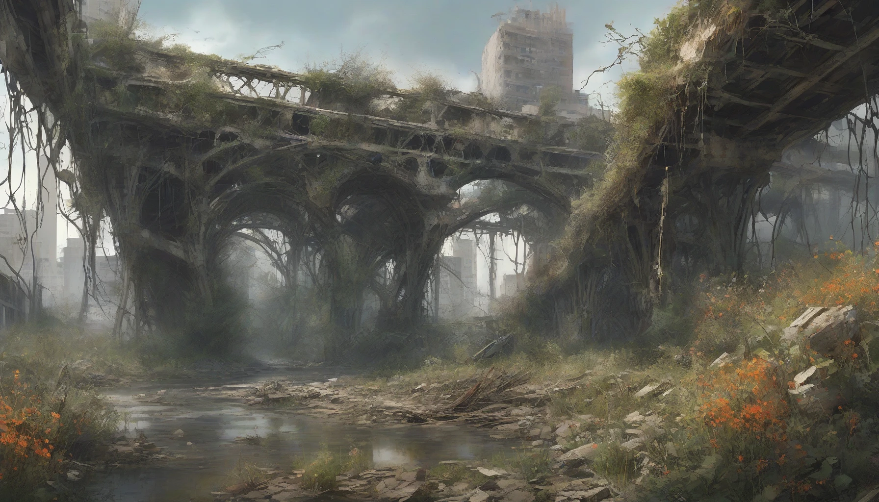 In a desolate landscape, a once-majestic city lies in crumbling decay, overtaken by nature’s relentless embrace. Towering buildings, now skeletal remains, reach towards the sky, half-hidden by wild vines and wildflowers. A collapsed bridge, with twisted metal and shattered concrete, spans a dry riverbed, hinting at the vibrant life that once thrived. The haunting silence is pierced only by the whispers of the wind through the ruins.