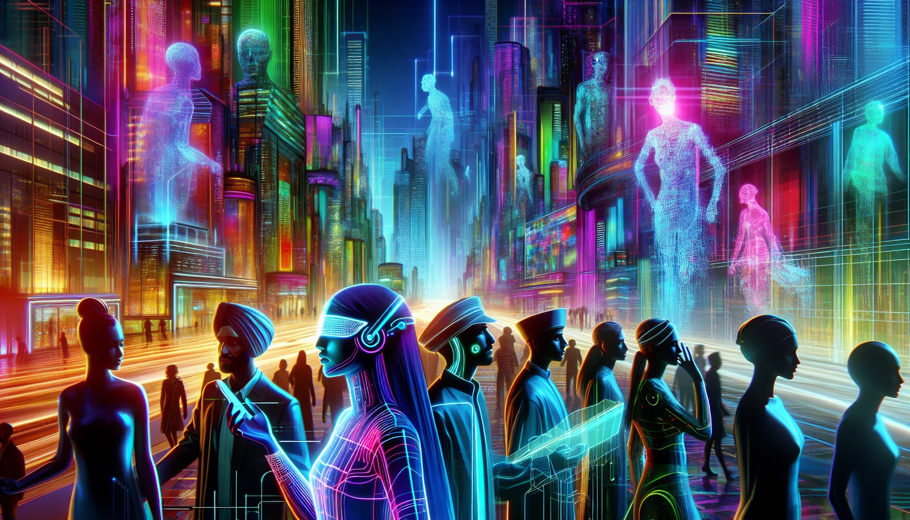 Picture a vibrant cityscape bathed in neon lights, where towering skyscrapers defy gravity and colorful holograms dance in the air. Silhouettes of futuristic characters adorned in sleek, tech-inspired outfits navigate the streets, interacting with captivating projections that merge seamlessly with their surroundings. This scene pulses with energy, evoking a sense of wonder as the line between reality and digital fantasy blurs in a mesmerizing display of innovation.