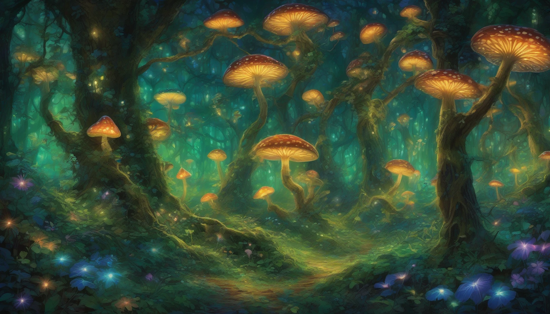 Imagine a mystical forest bathed in twilight, where towering trees twist into whimsical shapes, their leaves shimmering in shades of emerald and sapphire. The ground is carpeted with luminous mushrooms, casting an ethereal glow that dances like fireflies in the dark. Soft beams of moonlight pierce through the canopy, illuminating hidden paths and revealing vibrant, fantastical creatures lurking among the foliage, inviting you into a magical world.