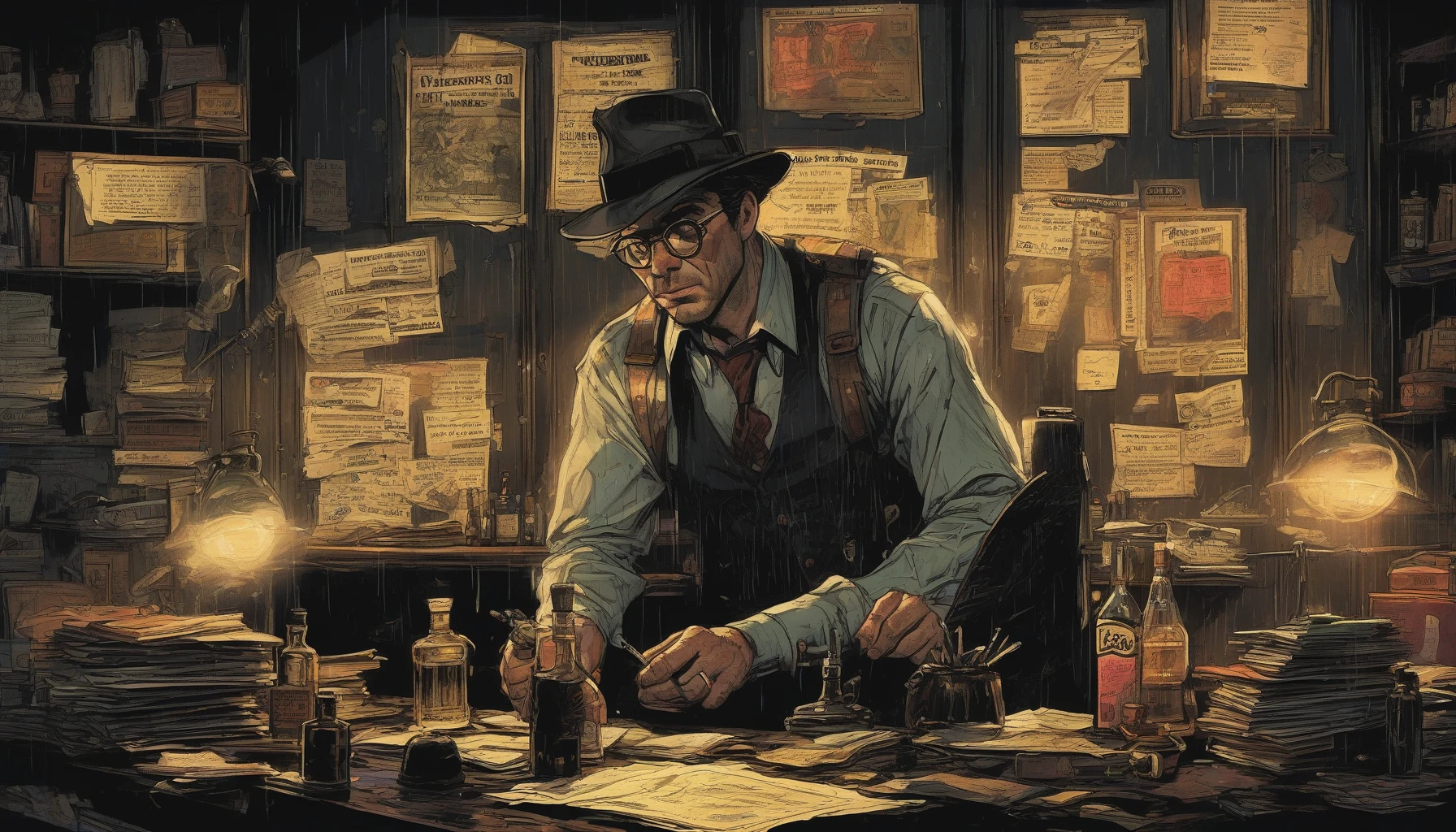 In a dimly lit, smoke-filled room, a hard-boiled detective leans over a vintage desk cluttered with case files and half-empty whiskey glasses. The city outside is drenched in rain, reflecting neon signs that flicker ominously. A fedora casts a shadow over his rugged features as he studies a cigarette-stained clue, his eyes sharp with determination. This world oozes intrigue, danger, and the relentless pursuit of truth in the heart of darkness.