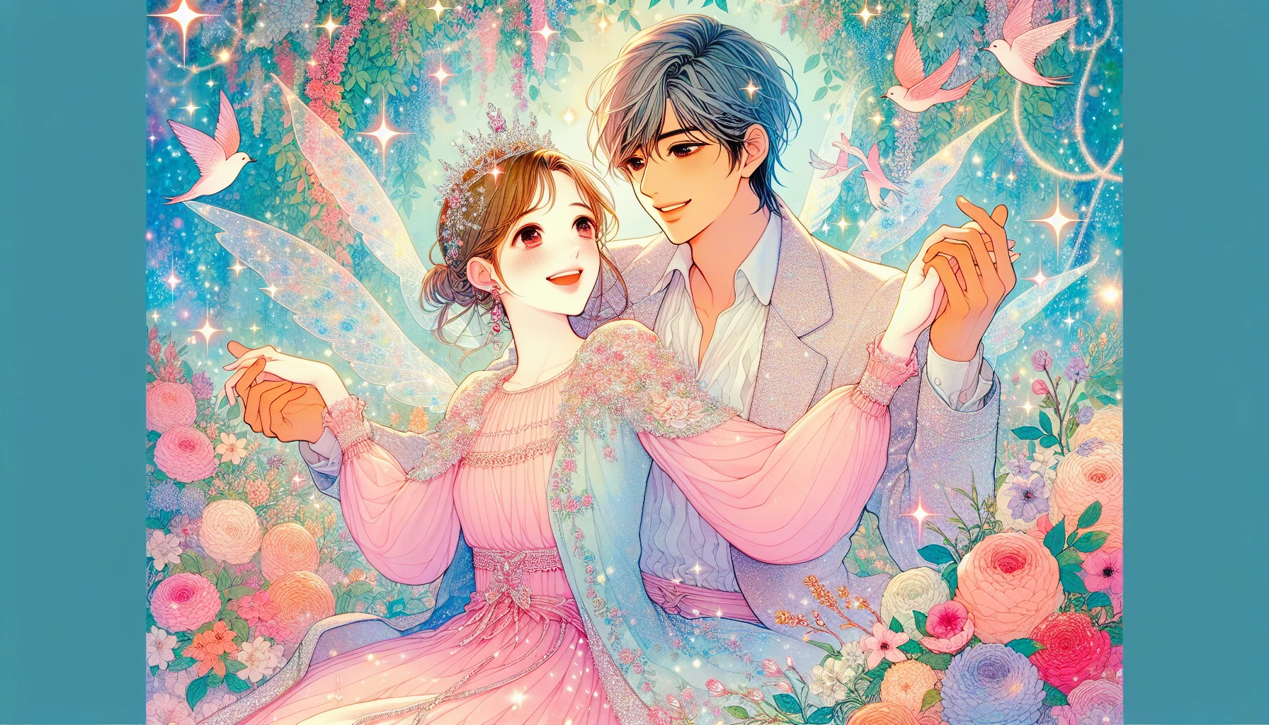 Create an enchanting scene featuring a romantic shoujo-style couple surrounded by a dazzling array of sparkles and twinkling stars. The characters, adorned in pastel outfits, should exude joy and affection as they share a tender moment in a lush garden filled with blooming flowers. The air around them should shimmer with magical light, evoking a dreamy atmosphere that embodies youthful love and whimsy.