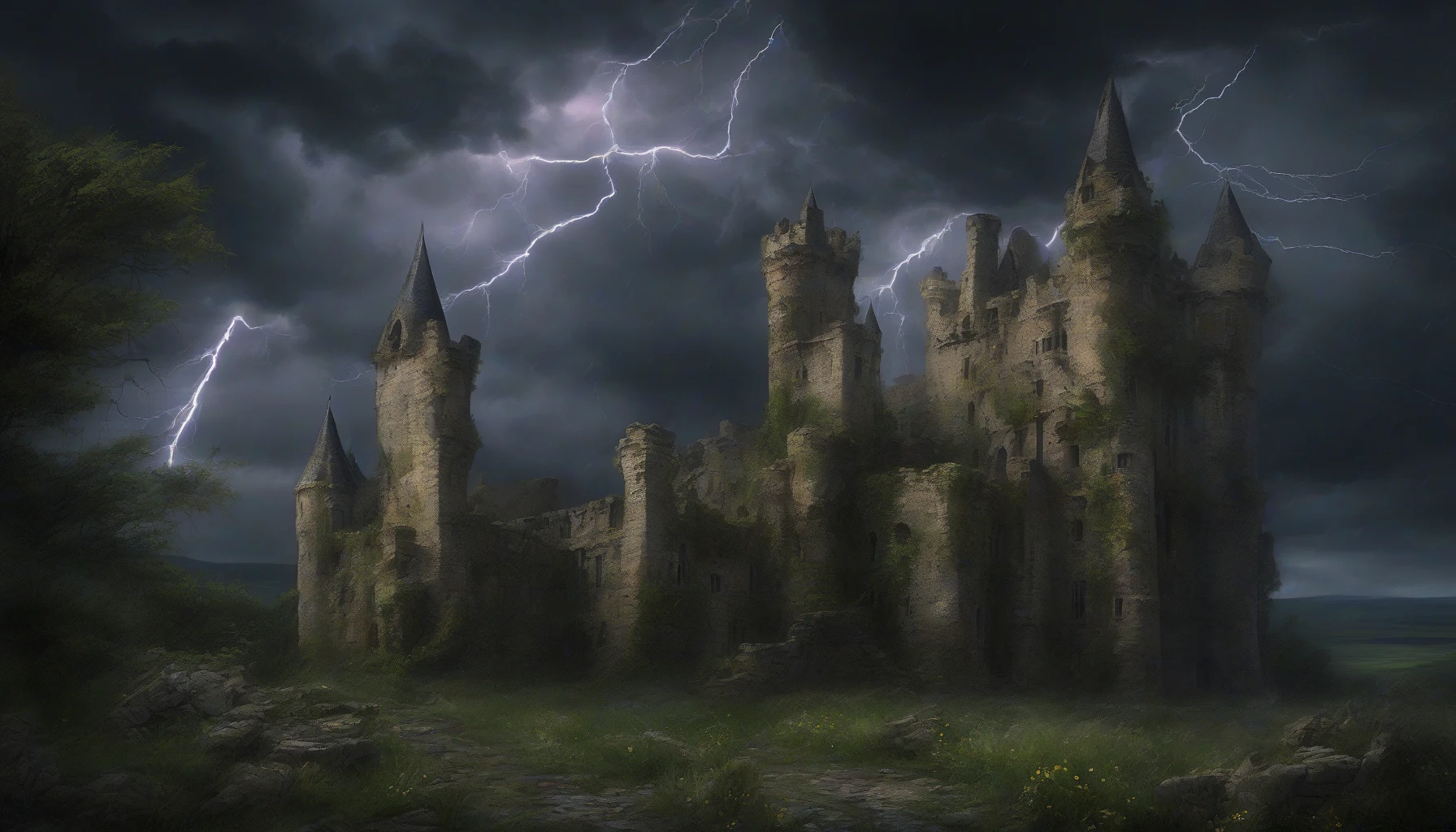 A haunting crumbling castle stands defiantly against a dark, tumultuous sky, illuminated by jagged flashes of lightning. Rain lashes against the timeworn stone, pooling in the overgrown courtyard where wildflowers brave the tempest. Shadows dance around the towering spires, and the wind howls through ancient archways, echoing stories of the past. This eerie yet majestic scene evokes a sense of foreboding and timeless mystery.