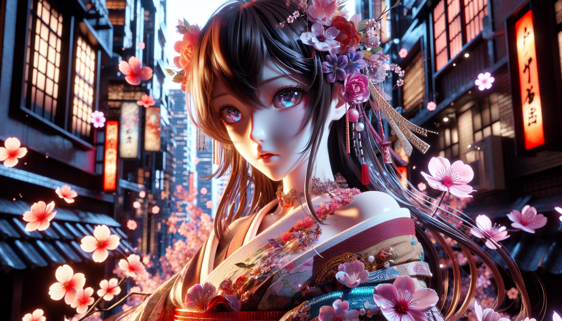 Imagine a breathtaking fusion of 3D-rendered anime characters seamlessly integrated with lifelike textures. Picture a vibrant urban landscape where dazzling cherry blossoms flutter against gleaming skyscrapers. The characters, with intricate facial details and clothing that captures the essence of fabric, exhibit both charm and depth. Sunlight glints off their glossy hair, while shadowy alleyways come alive with the play of light, creating a mesmerizing visual narrative.