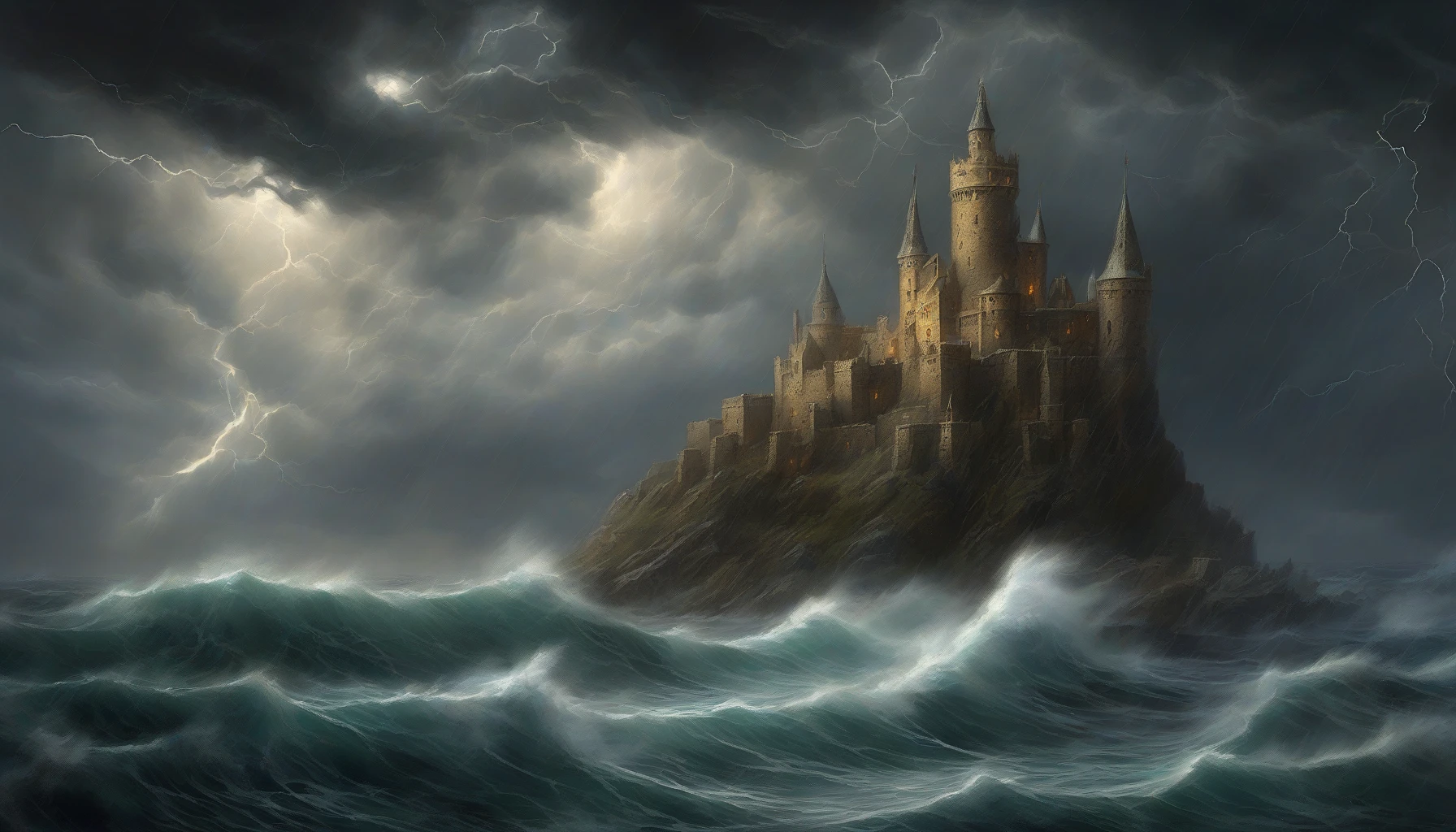 Amidst a tumultuous sky, a magnificent floating castle hovers, its spires and turrets glinting in flashes of lightning. Dark, swirling storm clouds envelop the structure, while fierce winds whip rain across its stone walls. Below, a churning sea reflects the chaos above, waves crashing against unseen cliffs. Glowing orbs of light flicker around the castle, suggesting magic at play, a beacon of hope in the heart of the tempest.