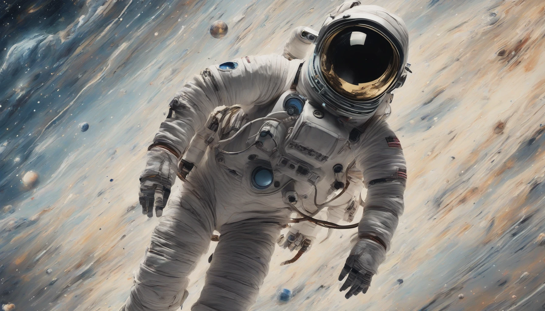 Capture the essence of a lone space explorer, drifting through the vastness of the cosmos, enveloped in a damaged spacesuit that showcases the scars of countless adventures. The suit, with its frayed edges and glowing indicators, reflects the harsh realities of space travel. In the backdrop, swirling galaxies and distant stars highlight the beauty and peril of the universe, inviting viewers to ponder the explorer's journey.